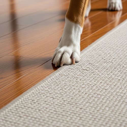 Close view of a dog's paw transitioning from a slick wooden floor to a textured non-slip area rug.