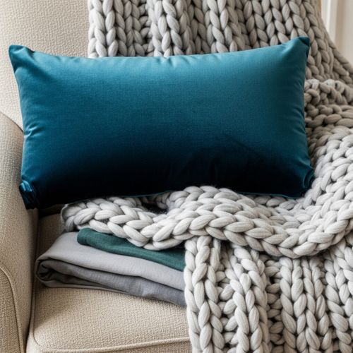Close-up of layered textiles, including a velvet pillow and a chunky knit throw, on a beige armchair.