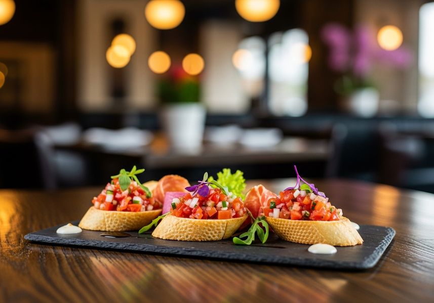 Gourmet appetizer on a dark wooden table in a trendy downtown Loveland restaurant Gourmet appetizer on a dark wooden table in a trendy downtown Loveland restaurant