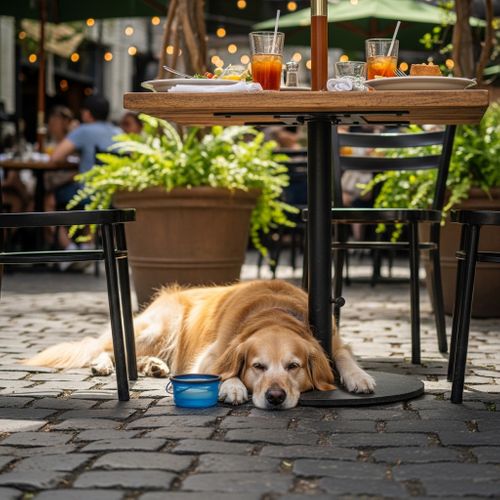 A dog laying down in a dog-friendly outdoor dining area