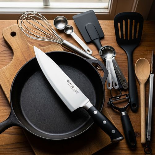 essential kitchen tools including a skillet and chef's knife
