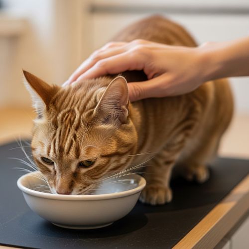A person's hand petting an older tabby cat eating from a bowl, highlighting a structured feeding routine.