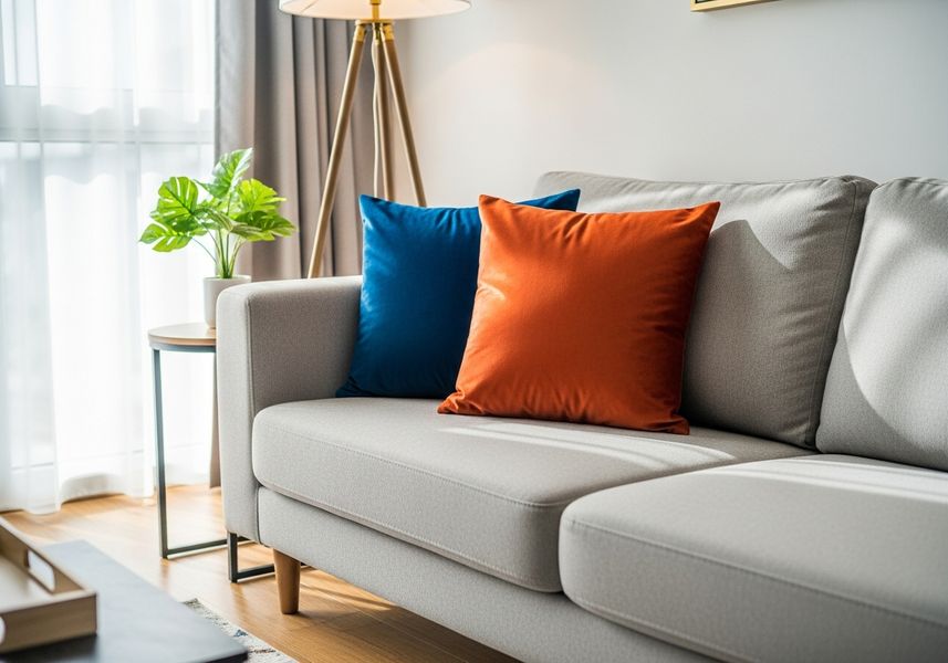 Modern apartment living room with neutral sofa and two bold accent color throw pillows Modern apartment living room with neutral sofa and two bold accent color throw pillows