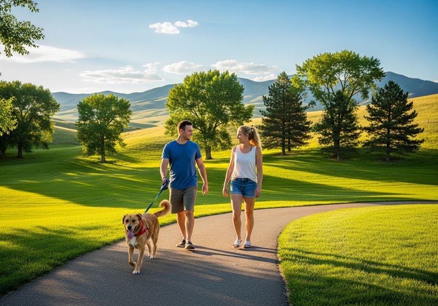 A couple walking their dog in a sunny Northern Colorado park