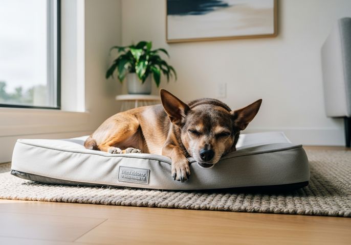 A calm, senior small dog resting on an orthopedic bed on a rug in a bright, modern apartment. A calm, senior small dog resting on an orthopedic bed on a rug in a bright, modern apartment.