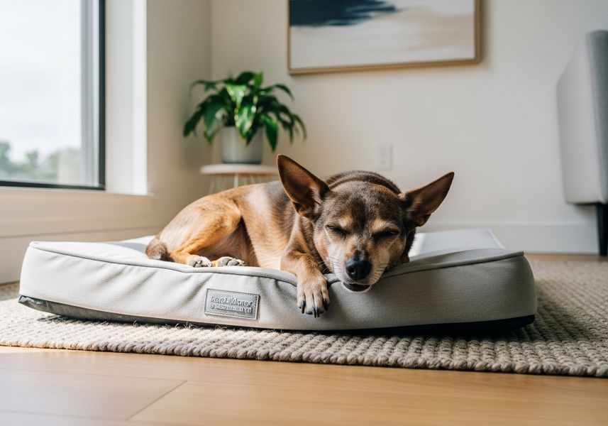 A calm, senior small dog resting on an orthopedic bed on a rug in a bright, modern apartment.