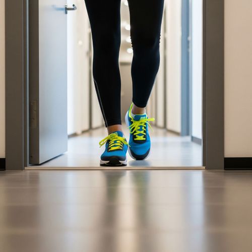 A person in athletic shoes walks down the hallway of a luxury apartment building.