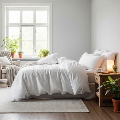 Cozy bedroom sanctuary with white linens and soft natural lighting