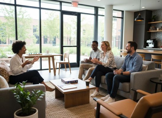 people talking in an apartment community lounge