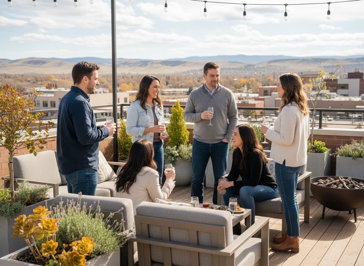 people talking on a rooftop patio in loveland
