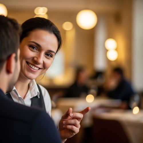 Restaurant server or bartender giving a friendly, personalized recommendation to a customer