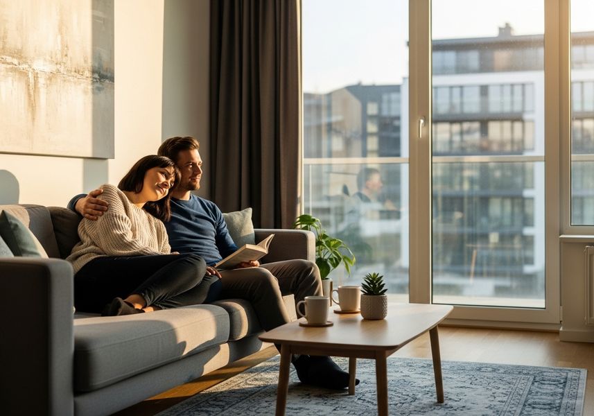 couple in an apartment living room couple in an apartment living room