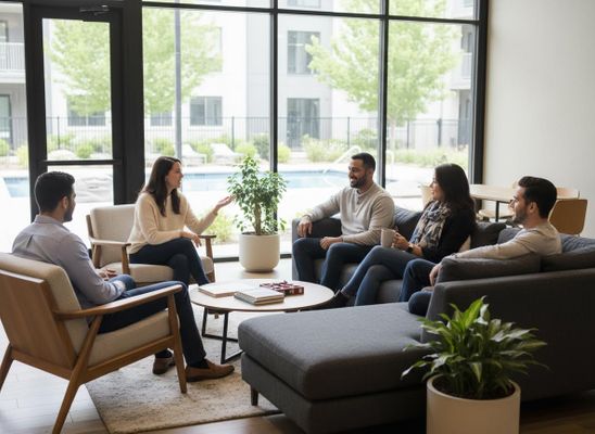 people sitting on furniture and talking in an apartment complex clubhouse