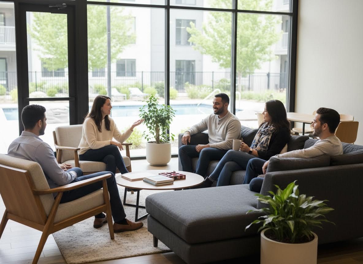people sitting on furniture and talking in an apartment complex clubhouse
