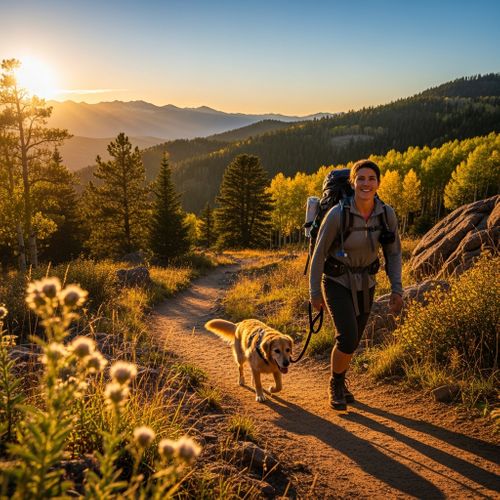 A person and dog hiking on a scenic trail in northern colorado