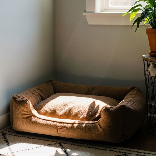 A soft, brown orthopedic pet bed placed in a sunlit, quiet corner of an apartment room.