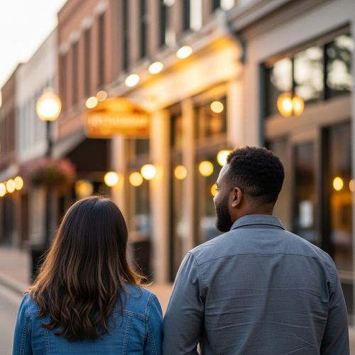 Two people enjoying an evening walk past downtown Loveland restaurant storefronts