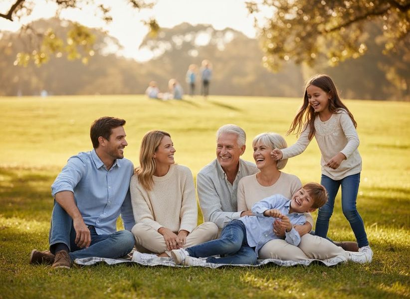 A multi-generational family with parents, grandparents, and two children laughing and playing on a picnic blanket in a sunny park. Happy Multi-Generational Family in Park