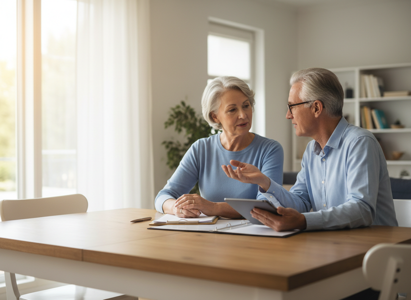 A senior couple sits at a wooden table, discussing plans. The man holds a tablet and gestures, while the woman listens attentively. Senior Couple Discussing Financial or Retirement Plans
