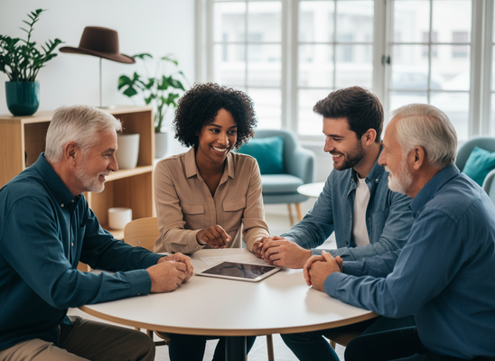 Four smiling people of different ages, two older men, a younger man, and a young woman, collaborate around a table with a tablet. Diverse Group Collaborating Around a Tablet