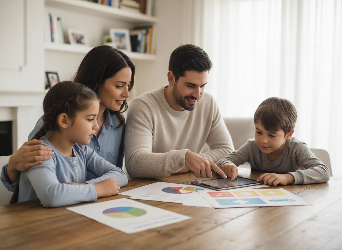 Family using a tablet and looking at charts at home