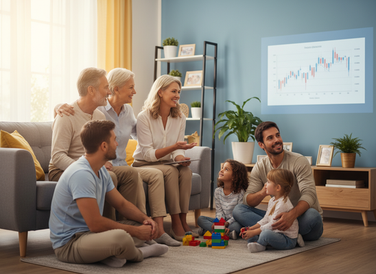 A happy multi-generational family watches a financial chart projected on a living room wall. A woman explains as kids play with blocks. Multi-Generational Family Watching Financial Presentation