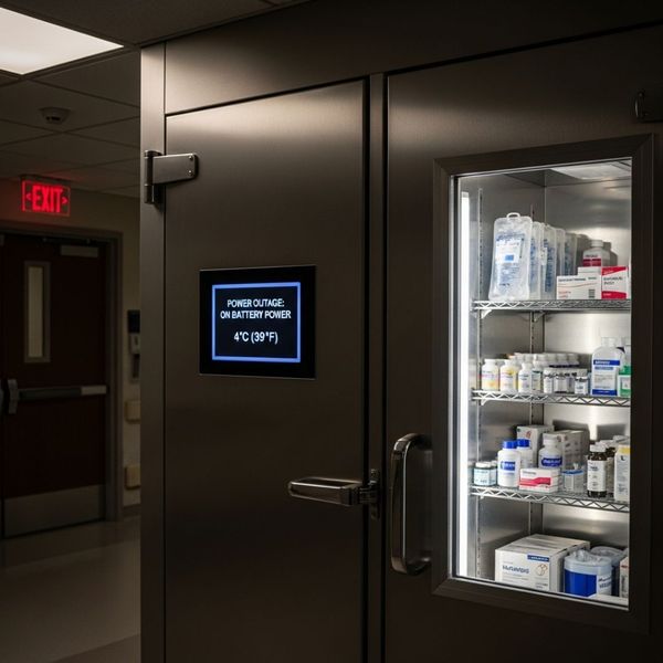 hospital's walk-in refrigeration unit for medical supplies shows a lit digital display, indicating it is powered and maintaining the correct temperature during an outage