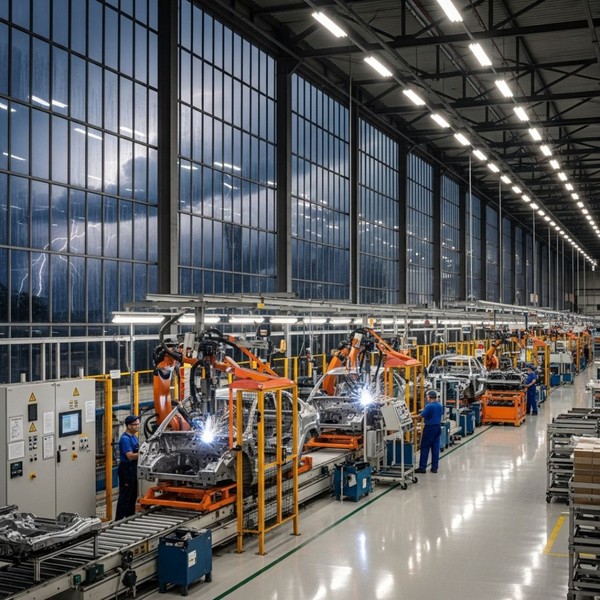 a factory production line operates seamlessly during a storm