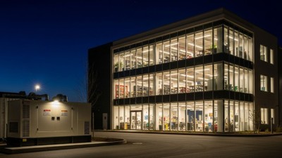 a brightly lit commercial building in Oklahoma stands out against a dark night, powered by a commercial generator