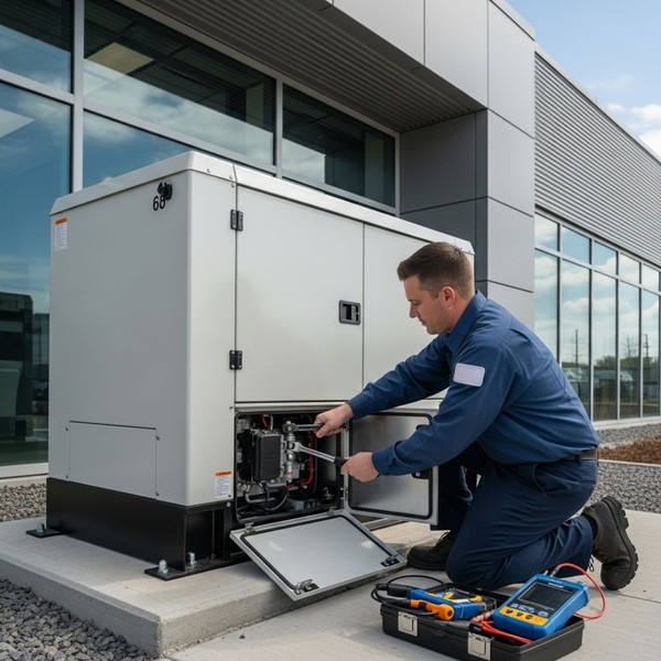 a professional technician performing commercial generator maintenance