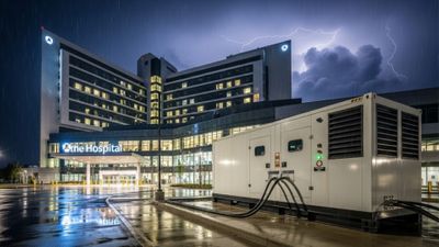 hospital remains fully powered during a severe storm at night, thanks to a large, reliable commercial backup generator