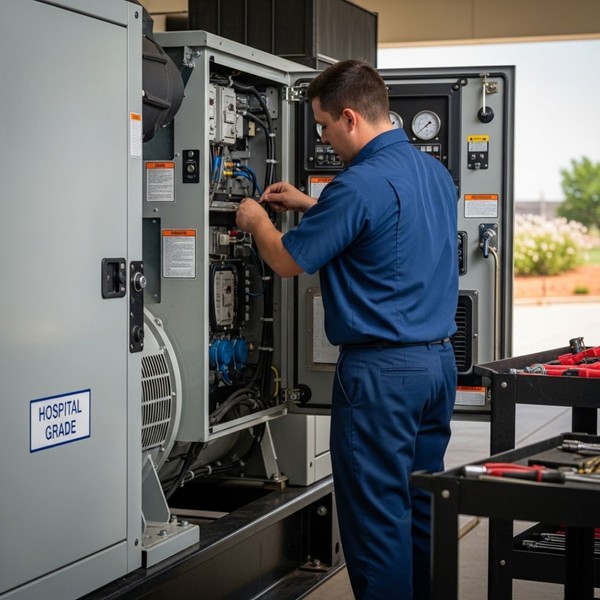 certified technician performs expert commercial generator maintenance on a hospital-grade unit