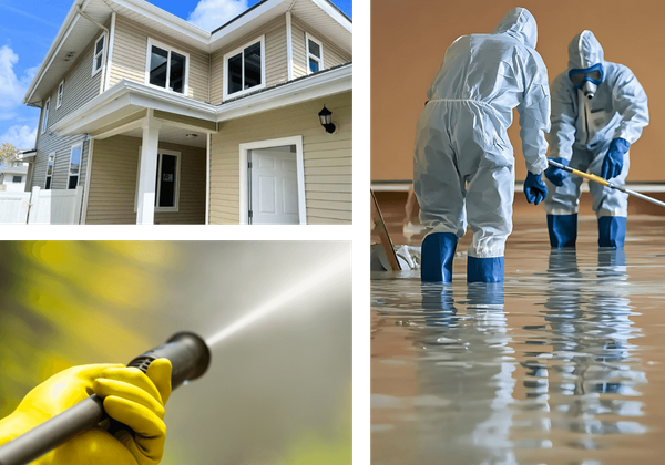 A collage showing property restoration services, including two workers in hazmat suits in a flood and a hand pressure washing.