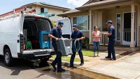 team arriving on scene to help homeowner with water damage team arriving on scene to help homeowner with water damage
