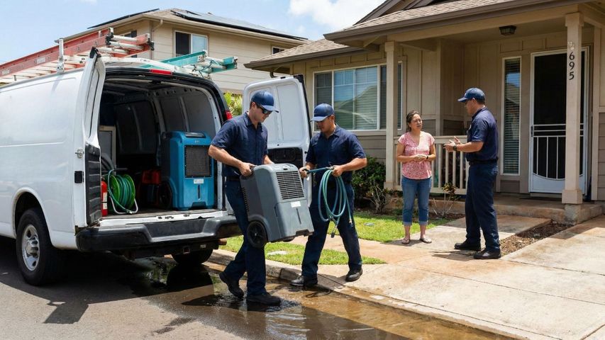 team arriving on scene to help homeowner with water damage team arriving on scene to help homeowner with water damage