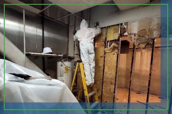 person in tyvek finding mold behind drywall 