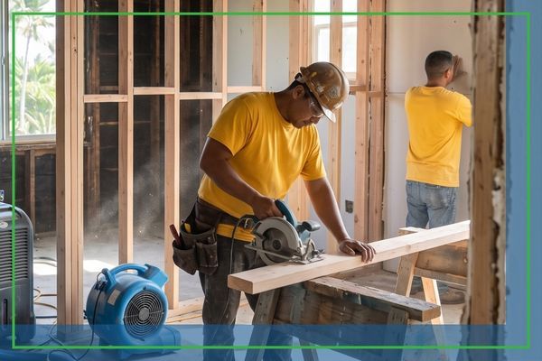 Skilled restoration carpenter in a plain yellow t-shirt and safety gear measuring and cutting new timber for framing repairs, with industrial dehydrators and fans running nearby, inside a fire-damaged Kapolei residence.