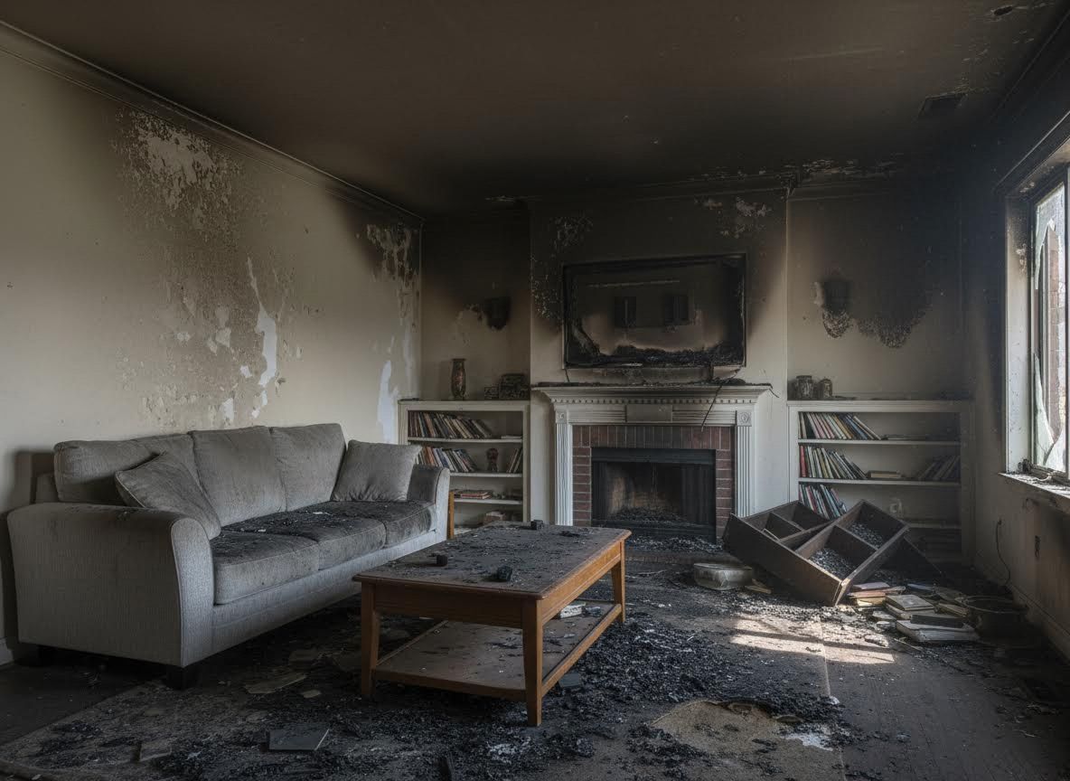 a room in a home with fire damage and soot on the walls