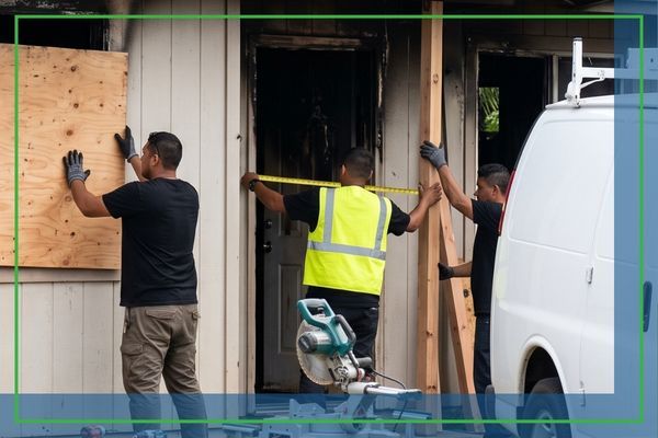 Disaster recovery technicians in plain black and high-visibility uniforms installing plywood board-up sheets and shoring over a fire-damaged house window and entryway in Kapolei.