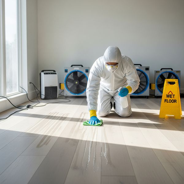 A restoration worker carefully cleaning a sanitized floor in a home after water damage.