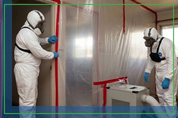workers setting a mold mediation air containment system 