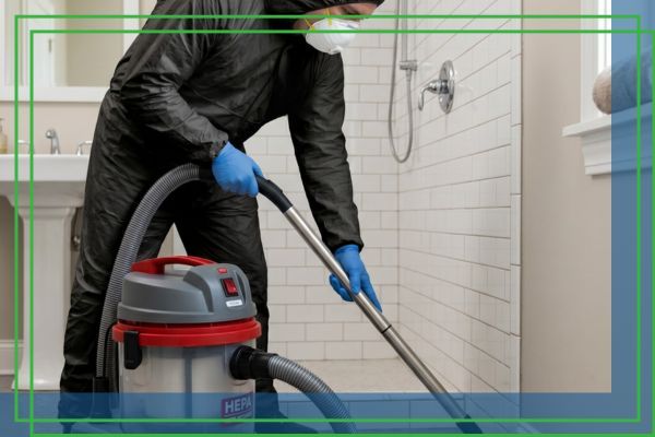 Professional safely removing mold from a bathroom wall.
