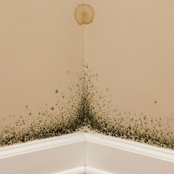 A close-up of a water stain and mold spots on a wall, a common sign that it's time to call a mold removal company in Oahu.