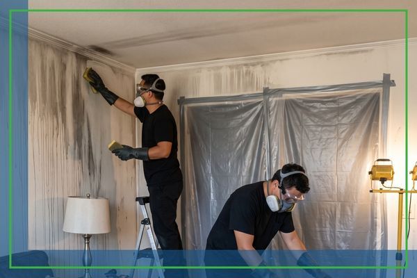 Certified fire restoration specialists in respirator masks and plain black uniforms scrubbing soot-damaged walls and setting up HEPA air scrubbers inside a Kapolei home.