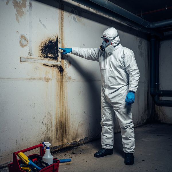 A mold remediation specialist in a full protective suit inspects a patch of black mold on a damp wall before beginning the safe removal process.