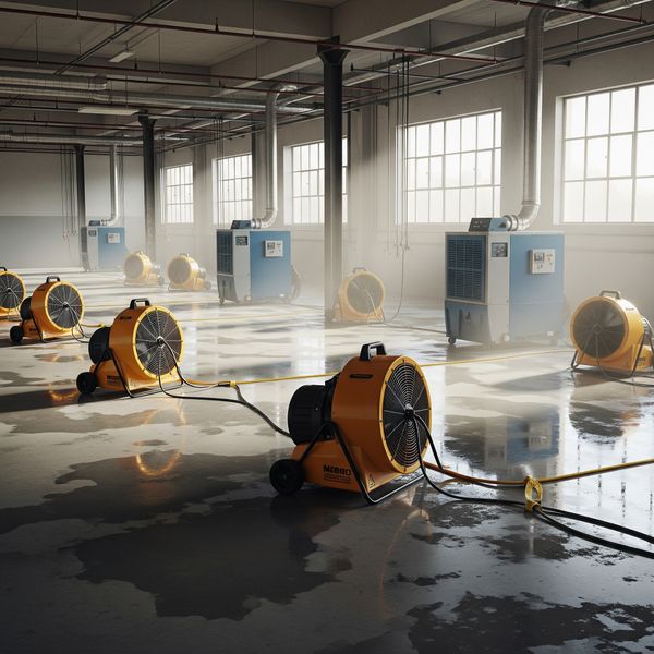 Industrial-grade air movers and dehumidifiers placed strategically in a room to dry the floors.