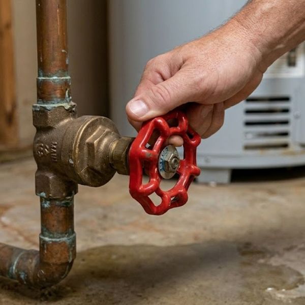 person shutting off main water valve 