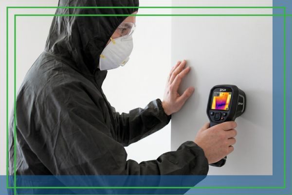  Professional inspecting a wall with a moisture meter for mold remediation.