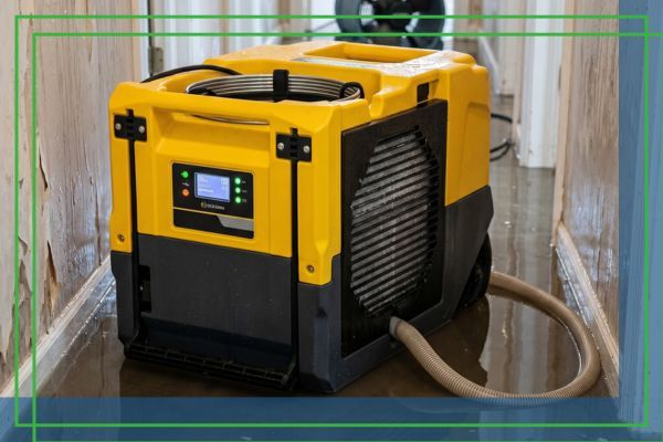 Industrial dehumidifier operating in a residential hallway.