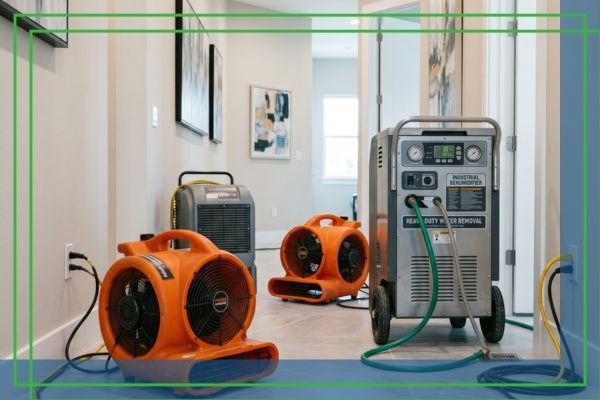 Industrial drying fans and dehumidifiers for water damage restoration.